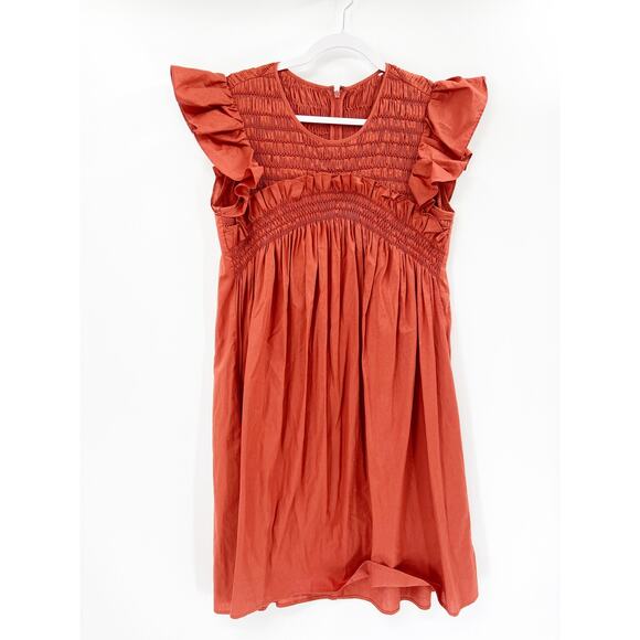 SEA New York Gladys Hand Smocked Rust Flutter Sleeve Cotton Tunic Mini Dress - Picture 3 of 8